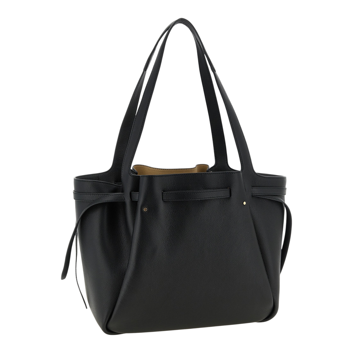 Bolso tote Romy de XT & Co en piel granulada negra con asas integradas y detalle de placa dorada en la correa frontal.
