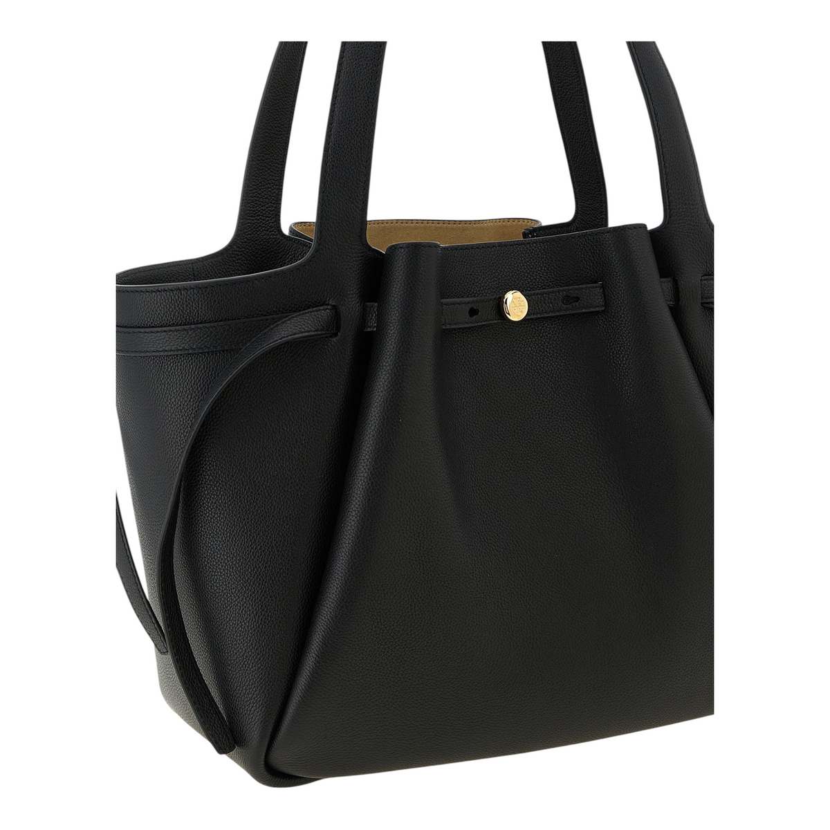 Bolso tote Romy de XT & Co en piel granulada negra con asas integradas y detalle de placa con logo dorado frontal