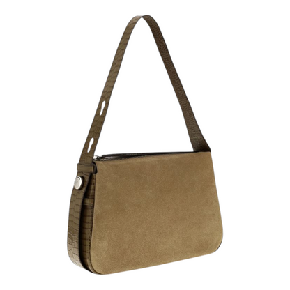 Bolso de hombro XT & Co Romy en ante beige con asa de efecto cocodrilo y cierre de cremallera superior.