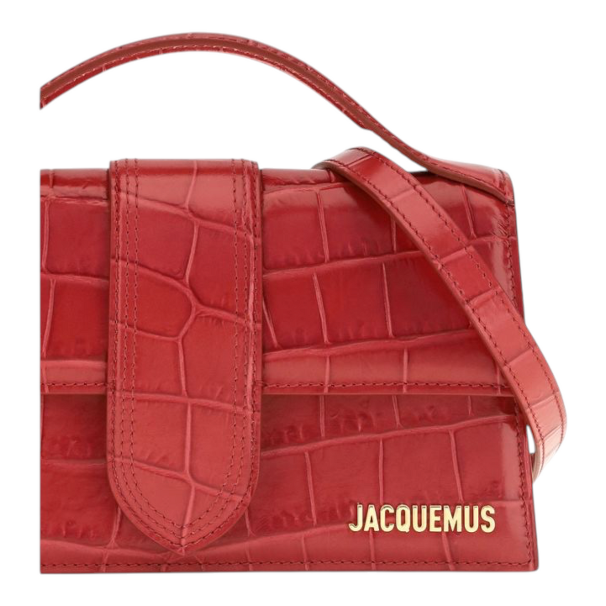 Bolso de hombro XT & Co Le Grand Bambino en piel roja con textura de cocodrilo y herrajes dorados.