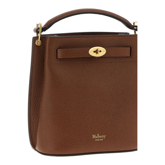 Bolso tipo cubo Mulberry Islington de XT & Co en piel de becerro granulada marrón con cierre de candado dorado.