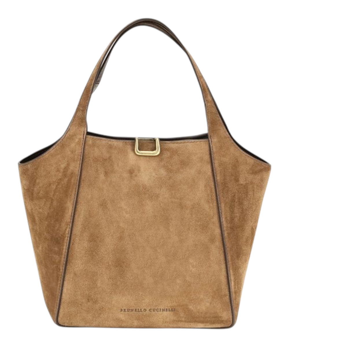 Bolso tipo cubo pequeño Sartorial de XT & Co en ante beige con costuras visibles y detalle metálico de hebilla