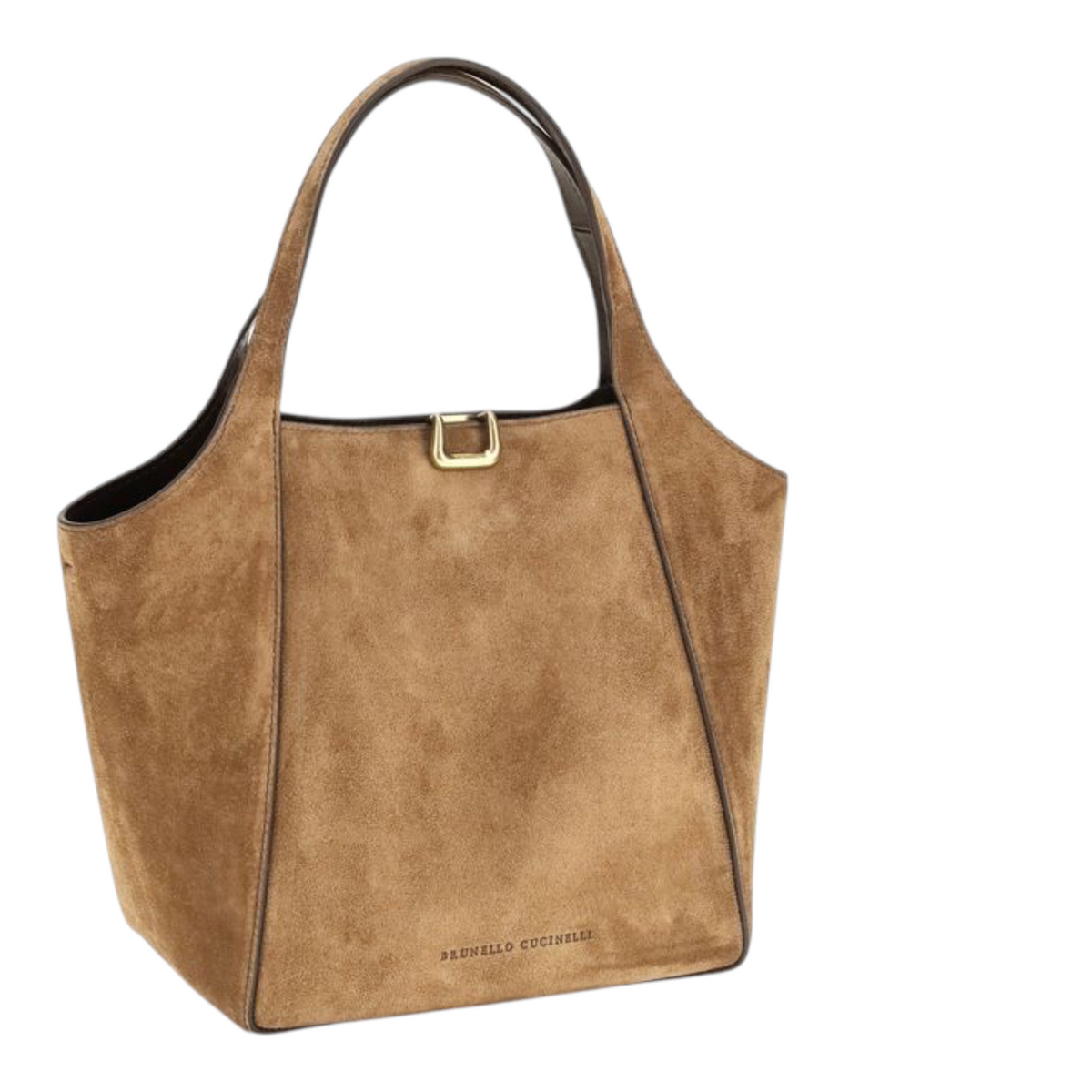 Bolso tipo bucket pequeño Sartorial de XT & Co en ante beige con costuras visibles y detalle metálico