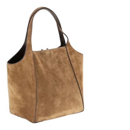 Bolso tipo bucket Sartorial de XT & Co en ante beige con costuras visibles y asas dobles sobre fondo blanco