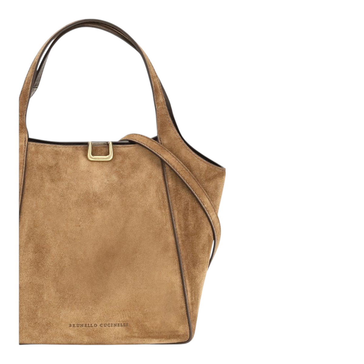 Bolso tipo bucket pequeño Sartorial de XT & Co en ante beige con costuras visibles y detalle metálico