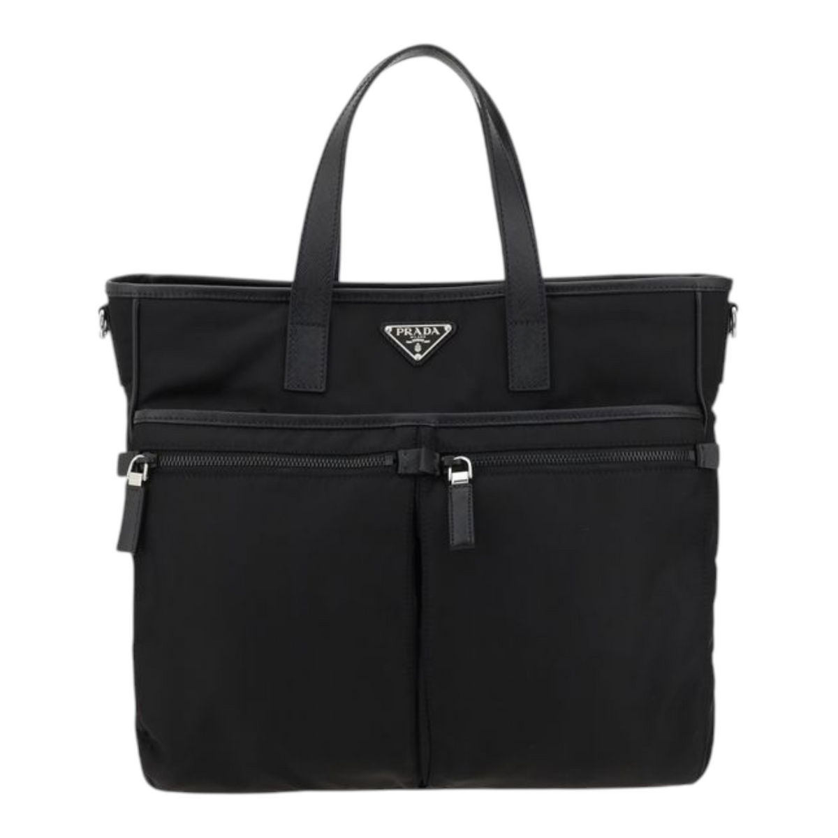 Bolso tote XT & Co en Re-Nylon negro con asas de cuero, bolsillos frontales con cremallera y logo triangular frontal.