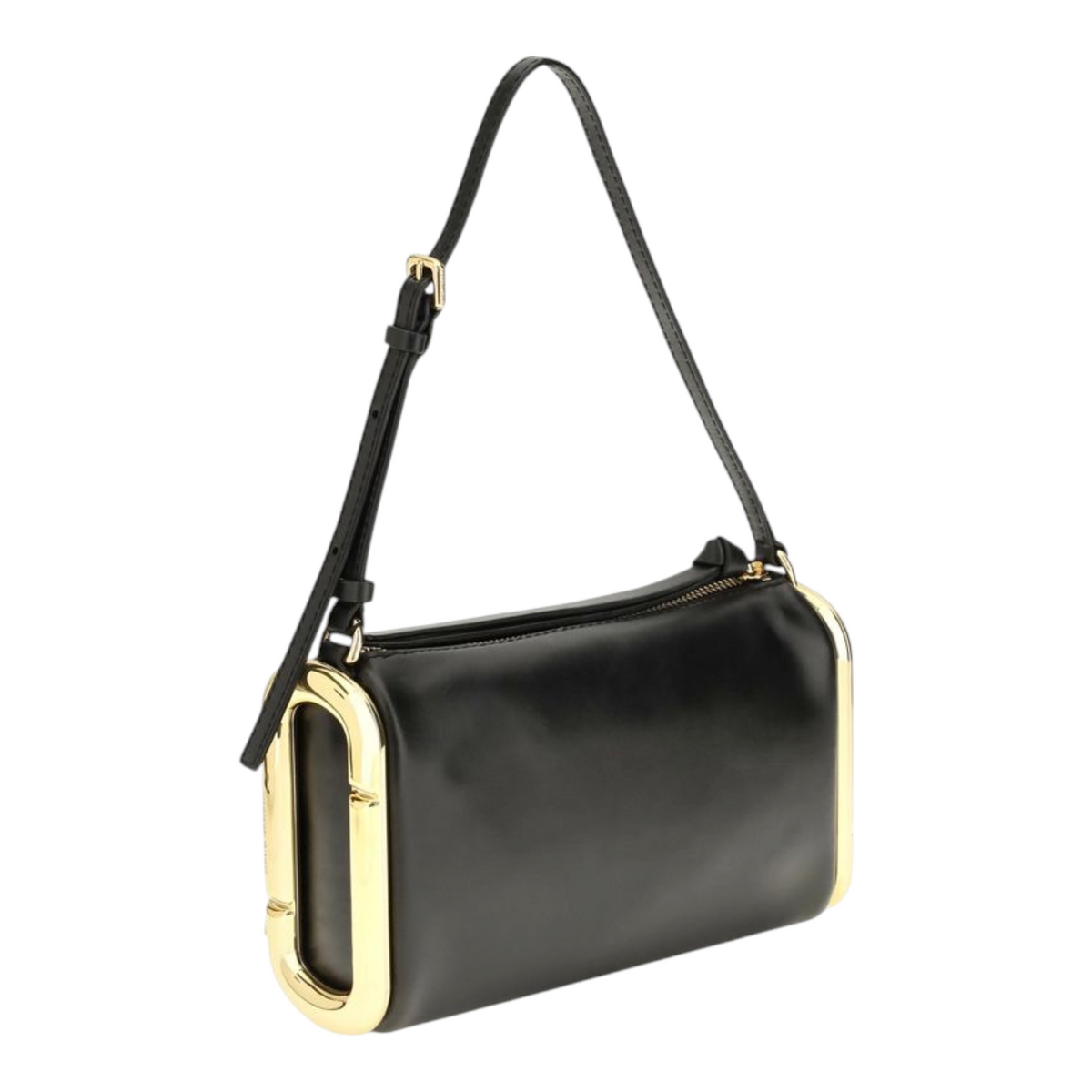 Bolso de hombro pequeño Juliette de XT & Co en piel negra lisa con detalles metálicos dorados y correa ajustable.