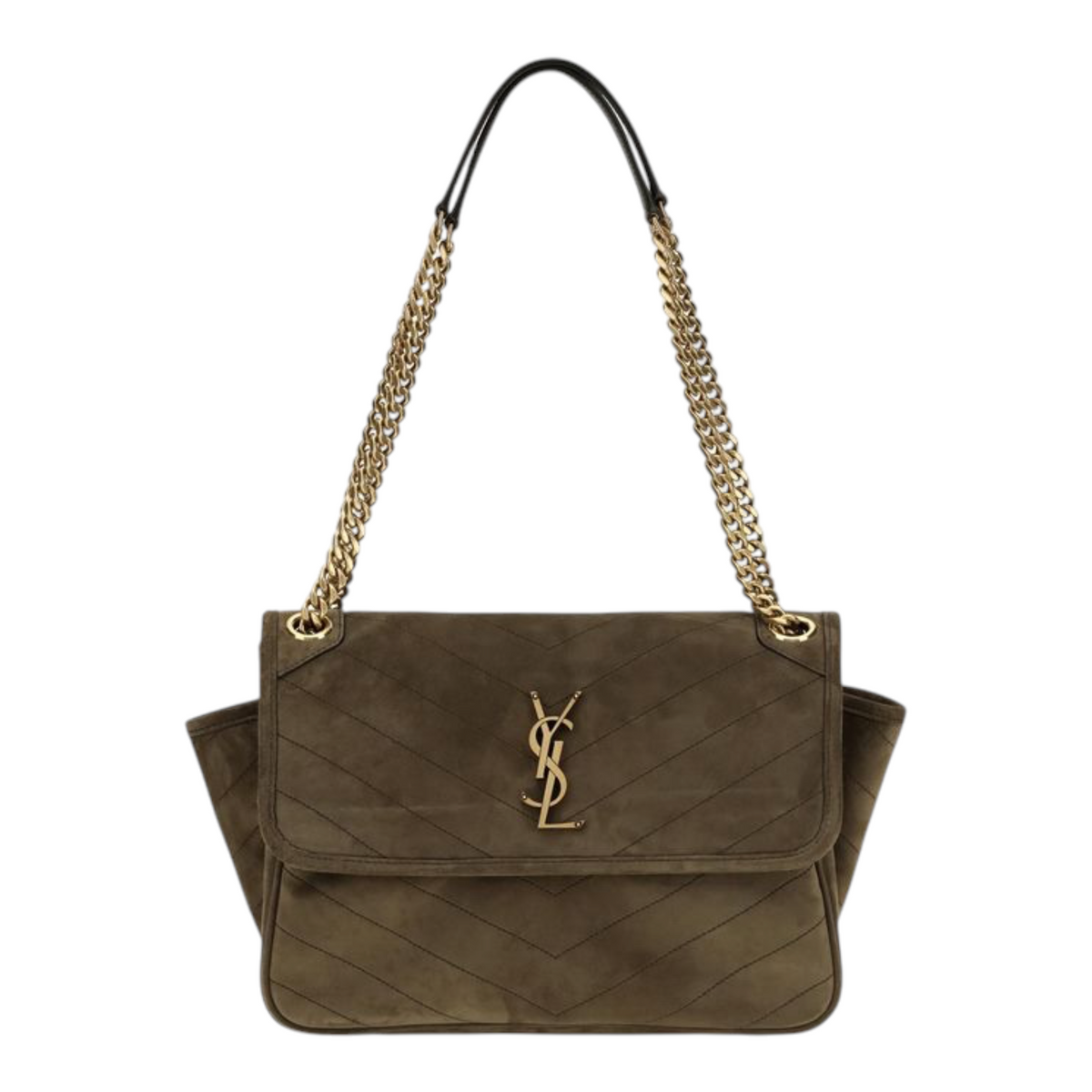 Bolso de hombro Niki Tripouch de XT & Co en ante verde oliva con costuras chevron y emblema Cassandre en bronce