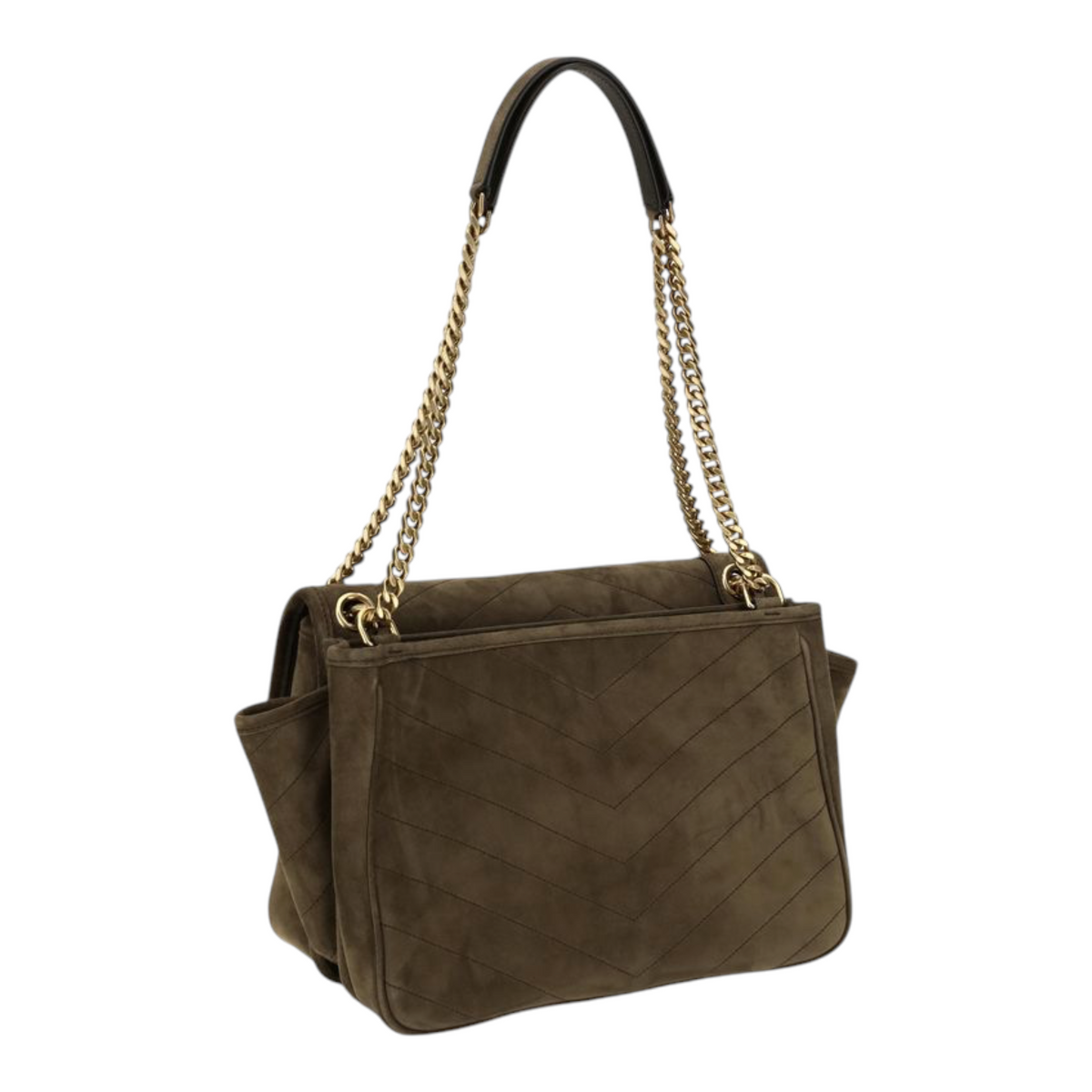 Bolso de hombro XT & Co Niki Tripouch en ante verde oliva con costuras chevron y cadena de bronce