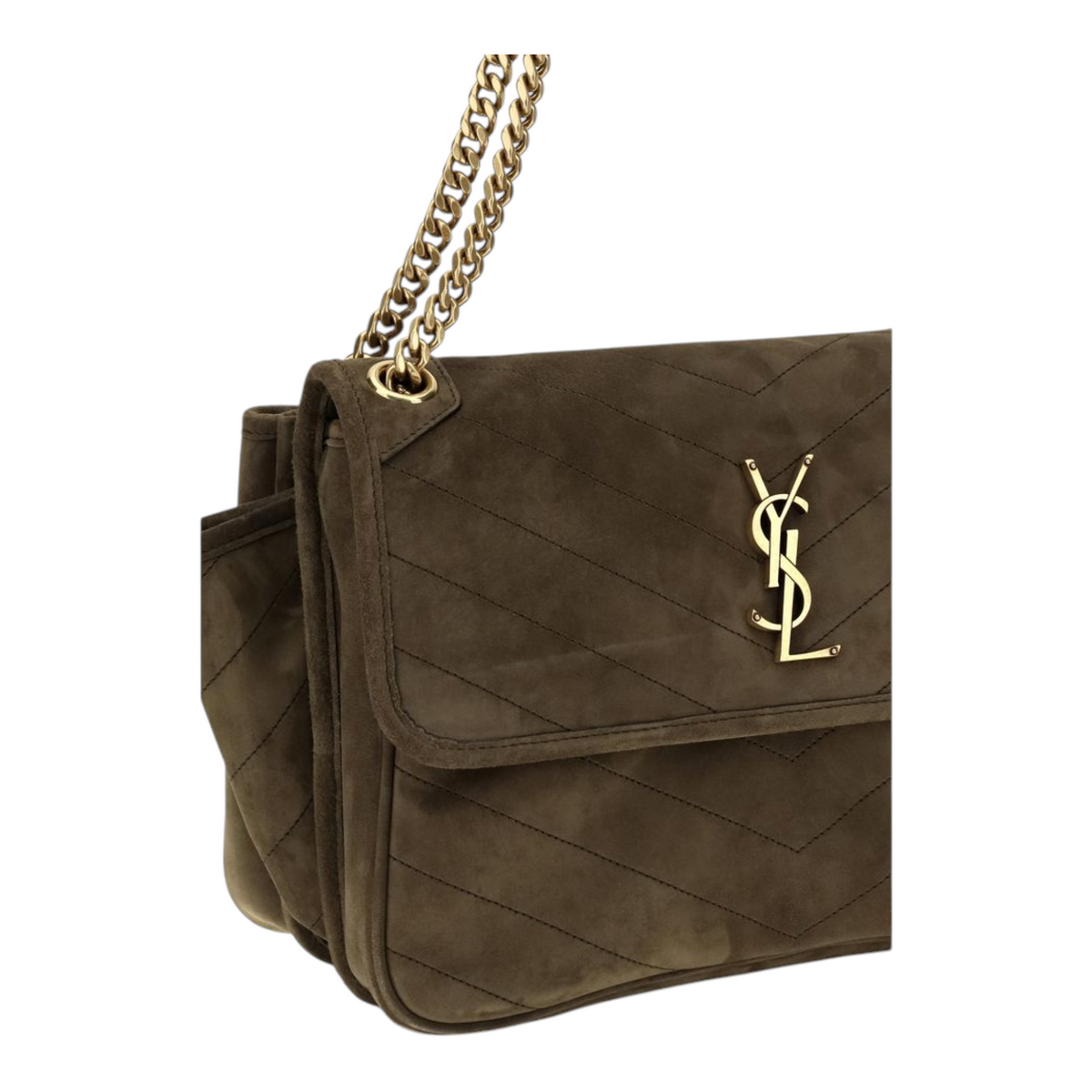 Bolso de hombro XT & Co Niki Tripouch en ante marrón con costuras chevron y emblema Cassandre en tono bronce