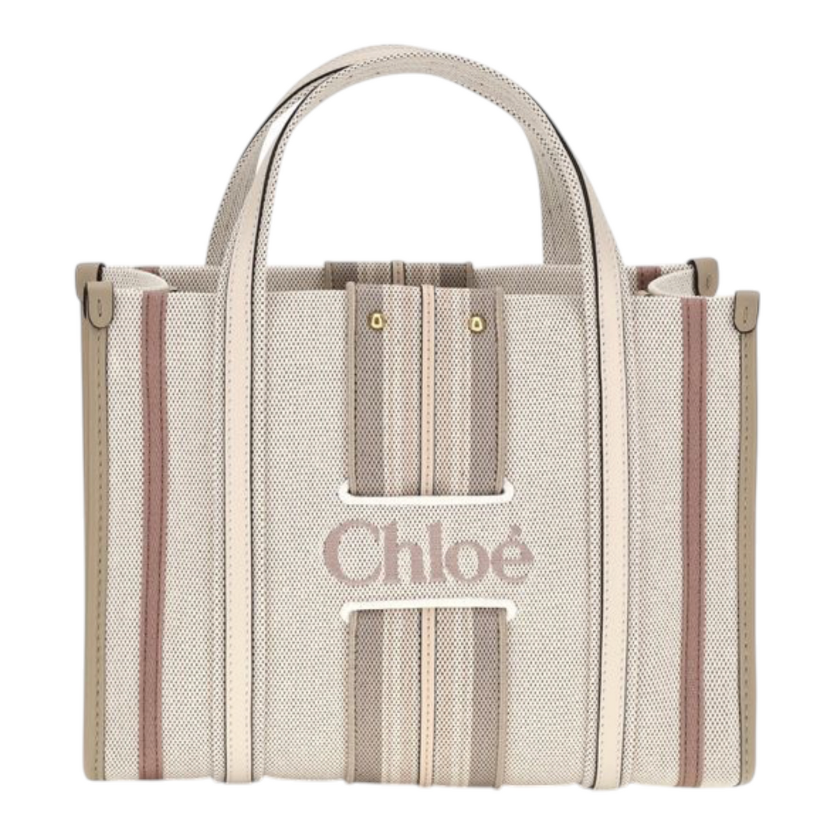 Chloé Small Woody Loop canvas Bolso Tote Rayas Beige