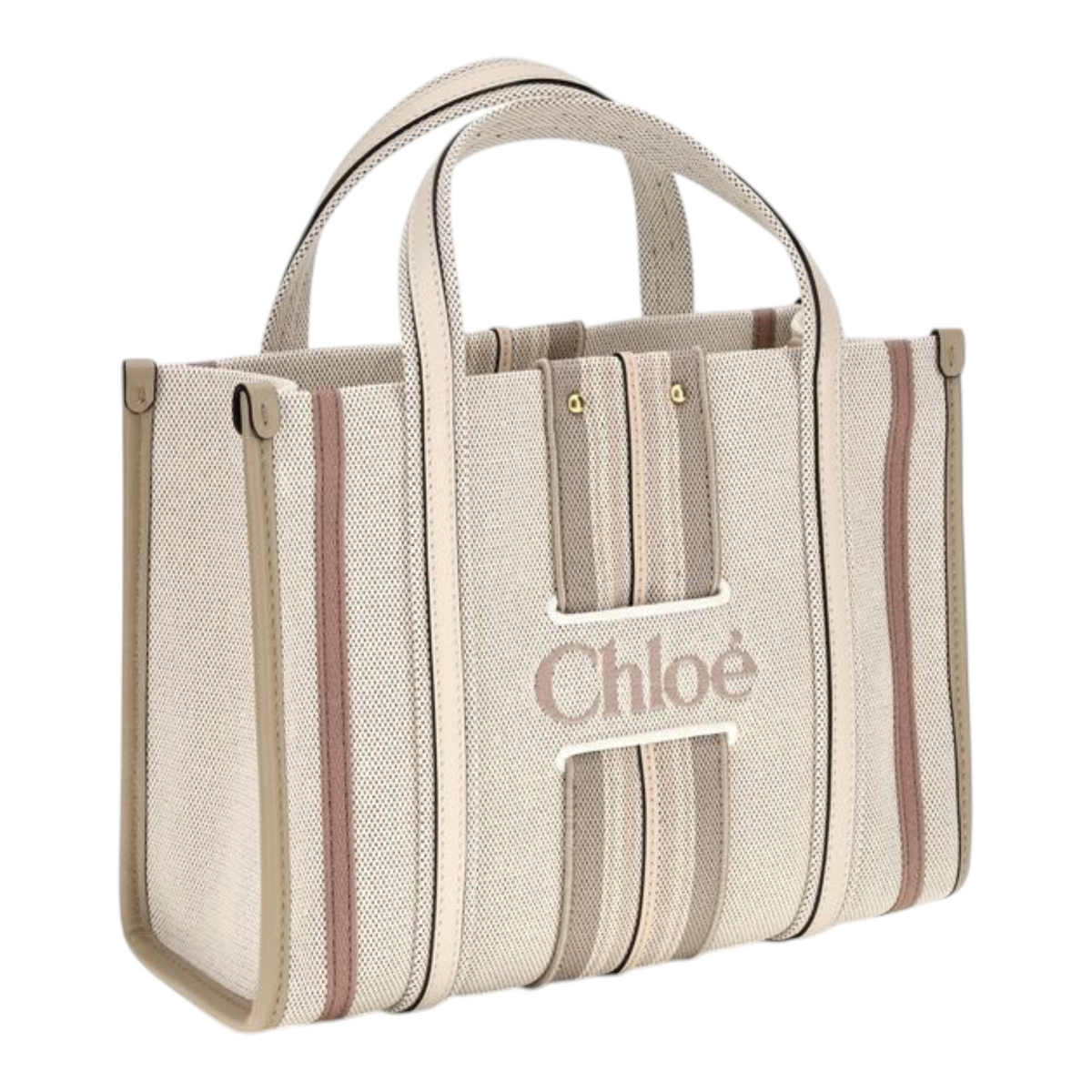 Chloé Small Woody Loop canvas Bolso Tote Rayas Beige