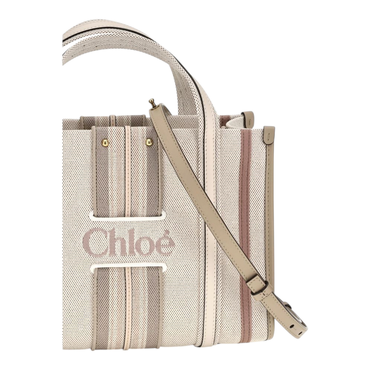 Chloé Small Woody Loop canvas Bolso Tote Rayas Beige
