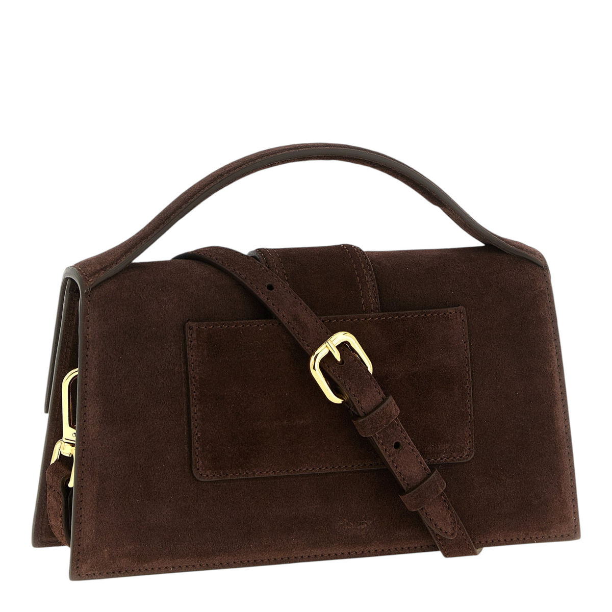 Bolso XT & Co Le Grand Bambino de ante marrón oscuro con asa superior acolchada y detalles de herrajes dorados.