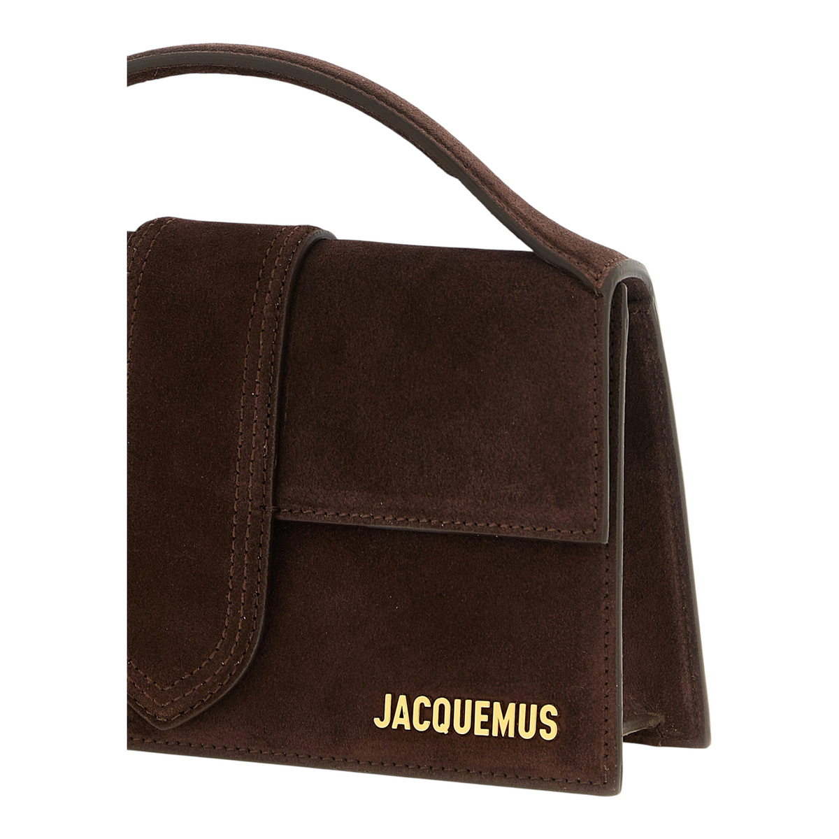 Bolso Le Grand Bambino de XT & Co en ante marrón oscuro con asa superior acolchada y logotipo dorado en el frente.