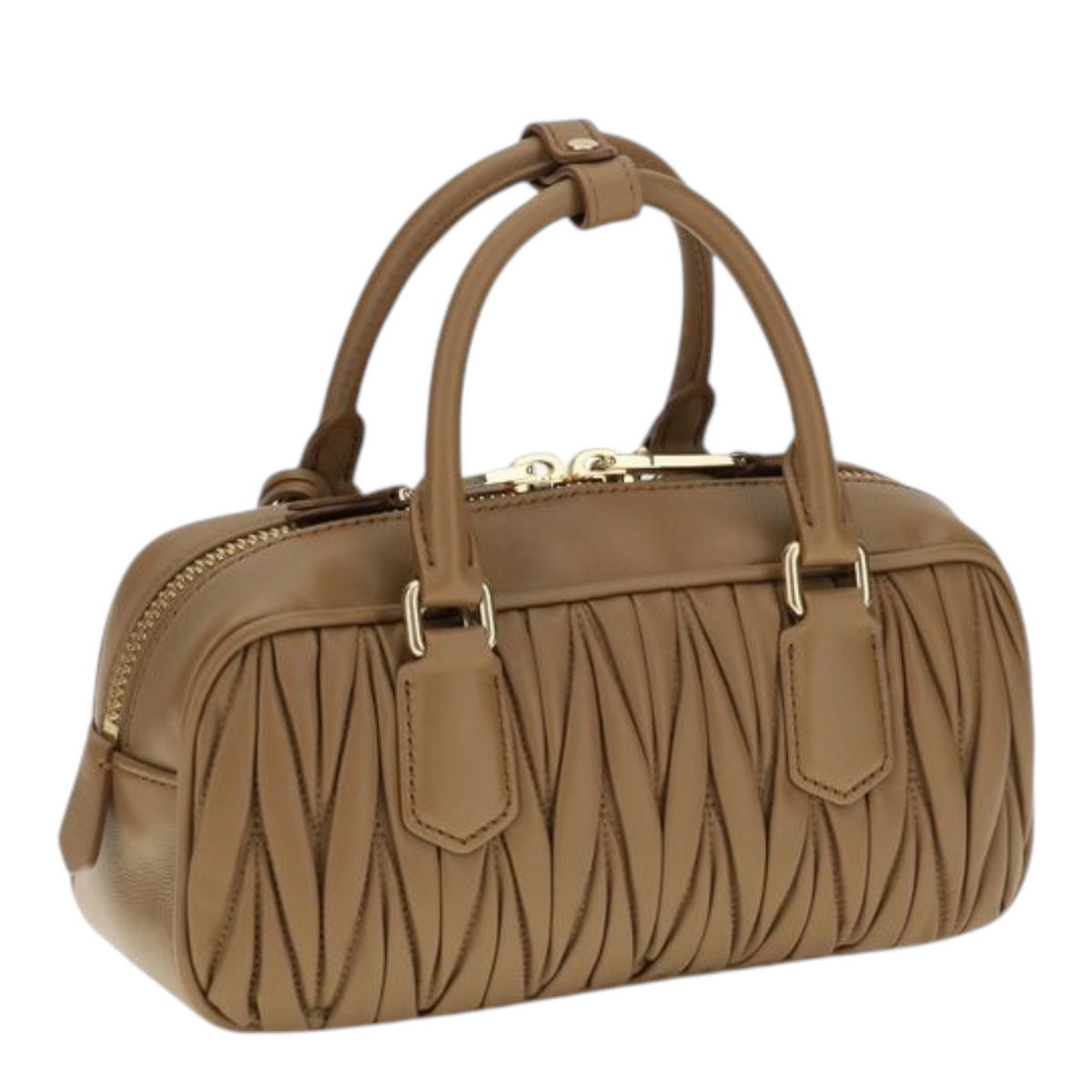 Bolso Arcadie de XT & Co en piel napa beige con diseño matelassé, asas tubulares y placa con monograma metálico.