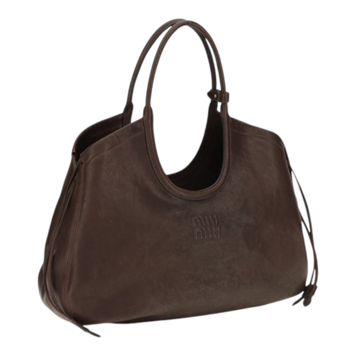 Bolso tote Ivy de XT & Co en piel nappa marrón con efecto envejecido, cordones laterales y herrajes dorados.