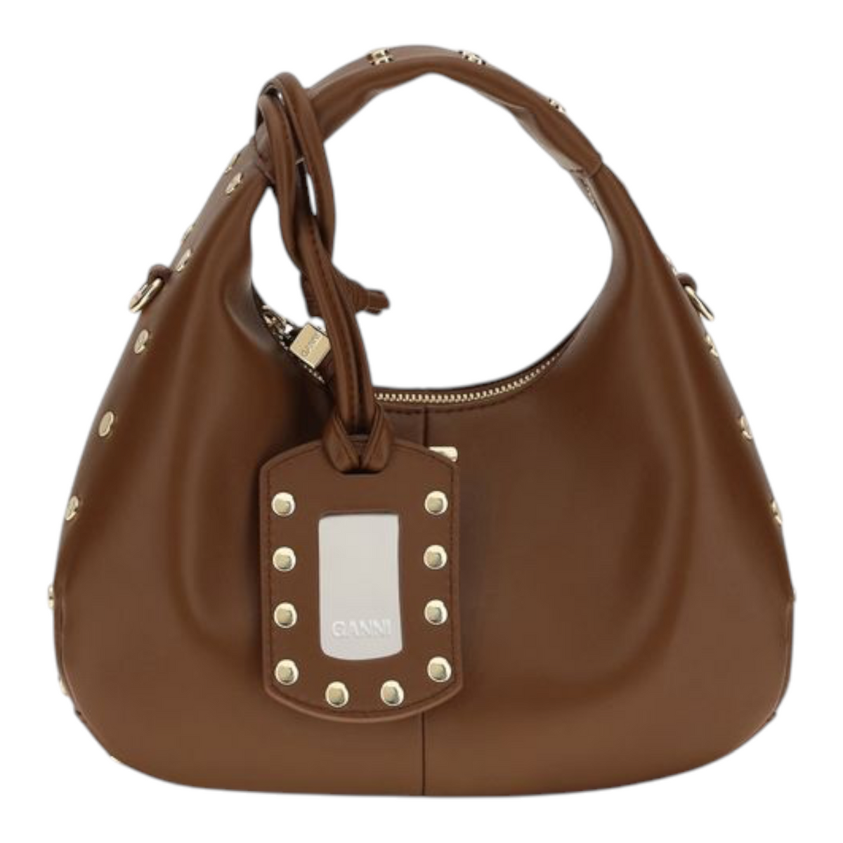Bolso hobo mini marrón de XT & Co con tachuelas metálicas, asa superior y etiqueta de espejo con logo Butterfly.