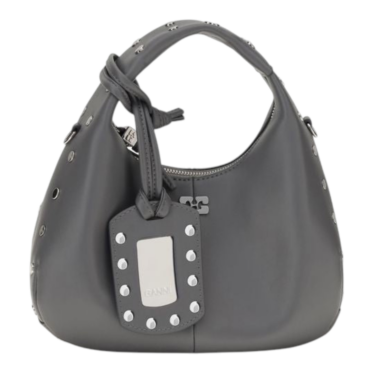 Bolso hobo mini gris de XT & Co con tachuelas metálicas, asa superior y etiqueta de espejo con logo Ganni