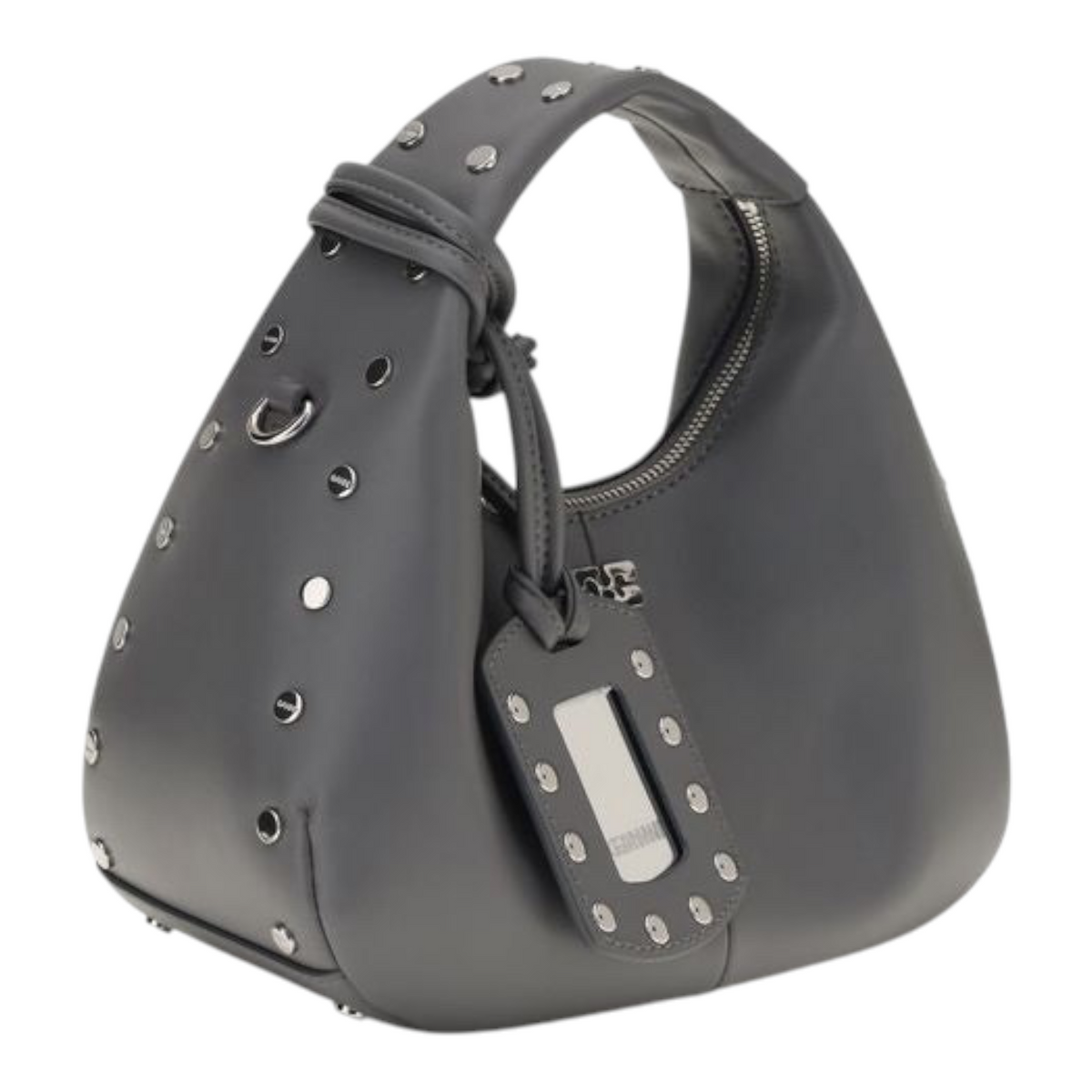 Bolso hobo mini gris con tachuelas metálicas de XT & Co, acabado en piel reciclada y etiqueta de espejo colgante.