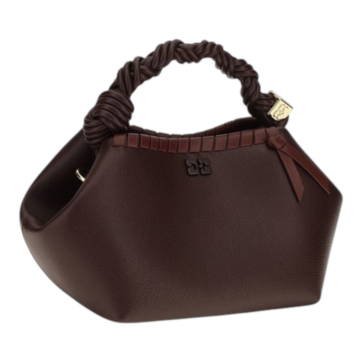Bolso pequeño Ganni Bou de XT & Co en cuero reciclado marrón con asa superior trenzada y silueta geométrica.