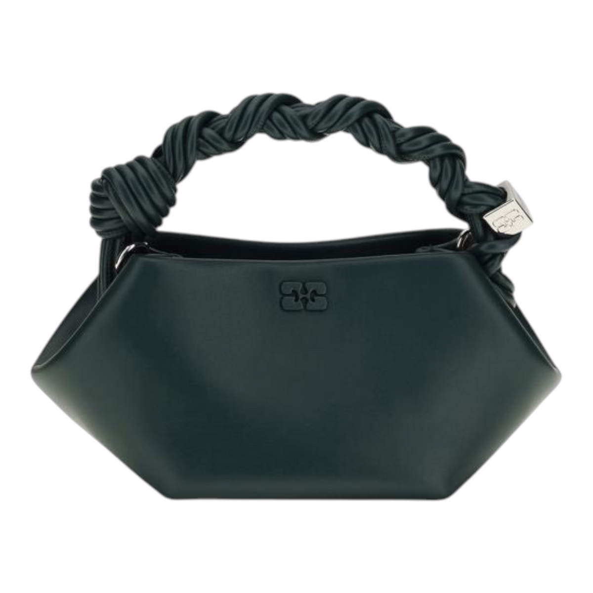 Bolso mini Bou de Ganni en cuero reciclado negro con silueta hexagonal, asa trenzada y cierre magnético de XT & Co