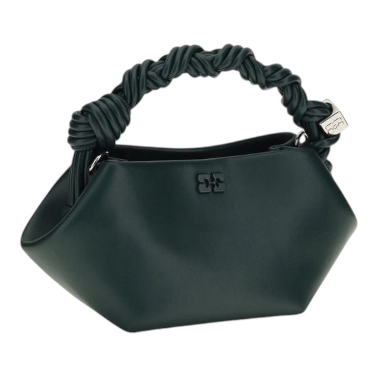 Bolso mini Bou de Ganni en cuero reciclado negro con silueta hexagonal y asa superior trenzada de XT & Co