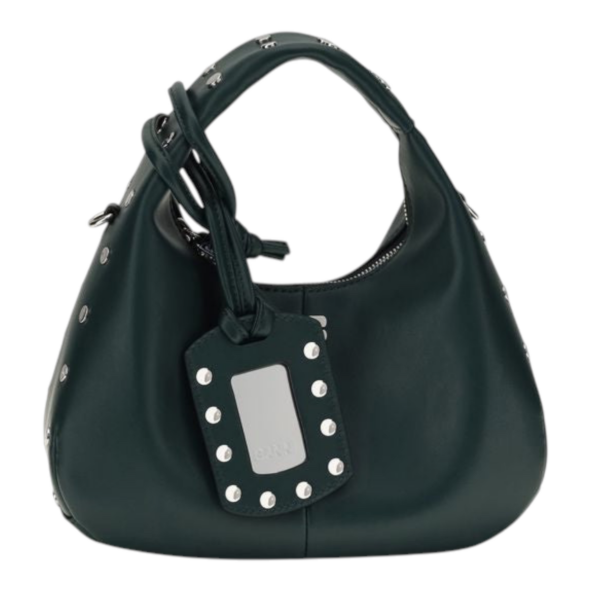 Bolso hobo mini XT & Co Ganni en color verde oscuro con tachuelas metálicas, asa superior y etiqueta decorativa.