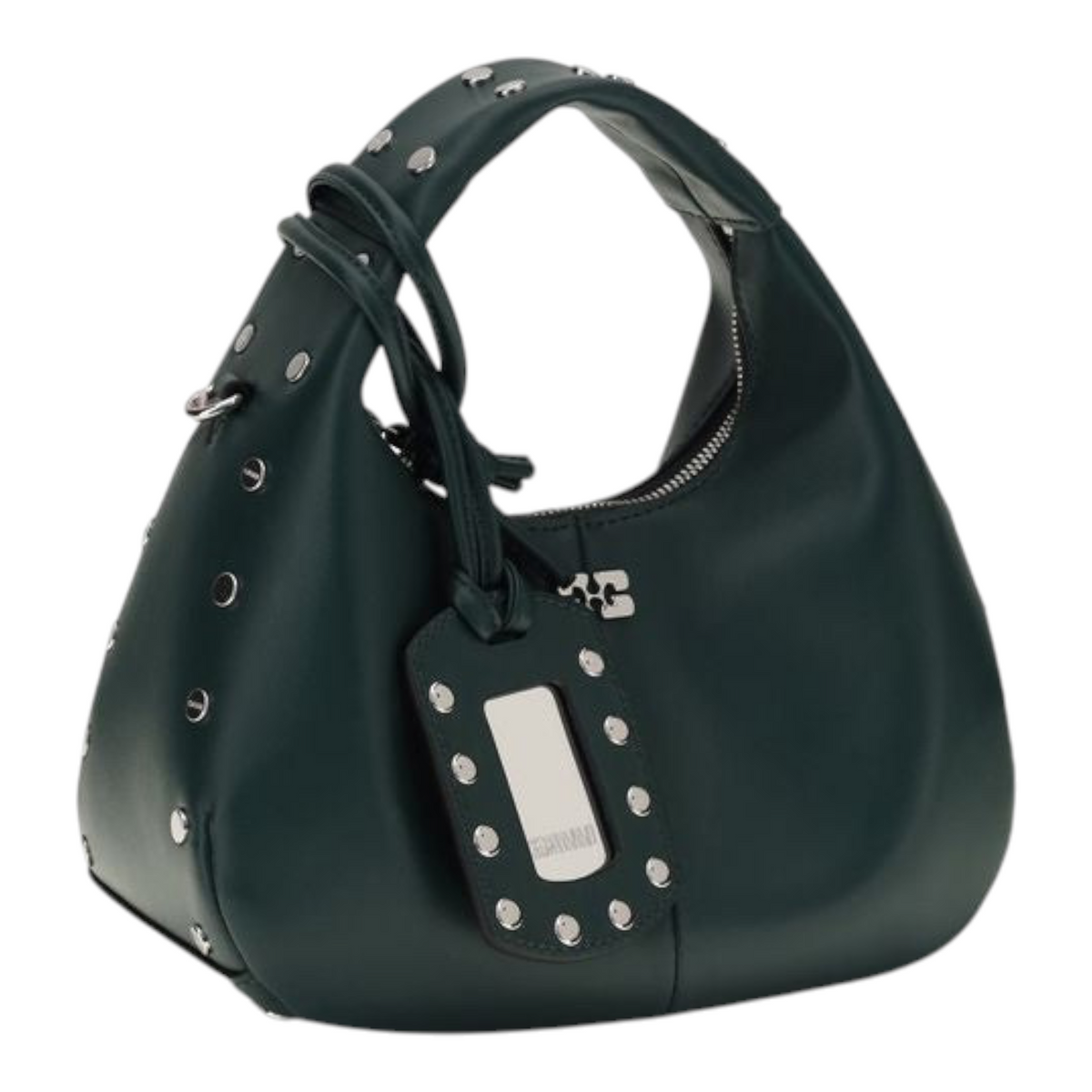 Bolso hobo negro XT & Co de Ganni con tachuelas metálicas, asa superior y etiqueta con logo Butterfly