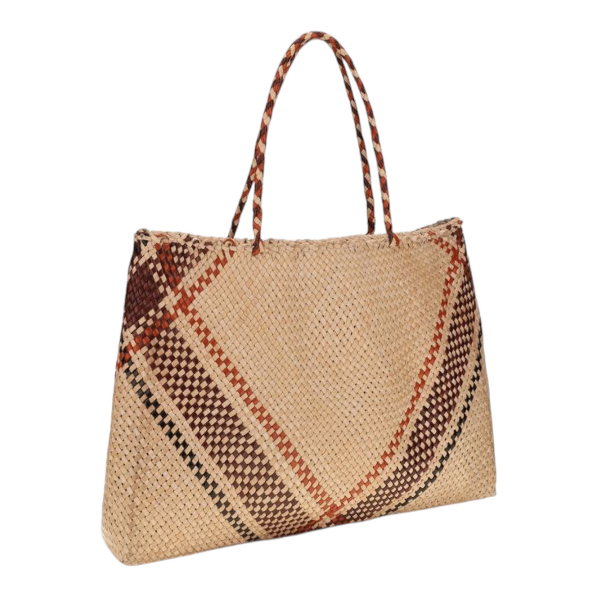 Bolso tote XT & Co de Dragon Diffusion en piel de cabra trenzada beige con detalles geométricos en marrón y rojo