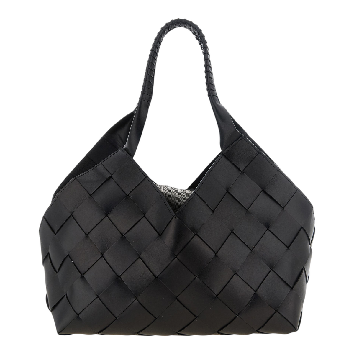 Bolso de hombro Dragon Diffusion Castello negro de XT & Co, tejido a mano en piel de becerro con diseño geométrico.