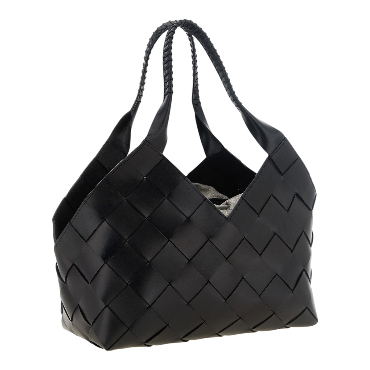 Bolso de hombro negro Dragon Diffusion Castello de XT & Co, tejido a mano en piel de becerro con diseño geométrico.