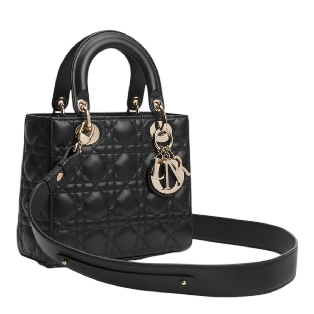 Bolso Lady Dior XT & Co de piel de cordero negra con patrón acolchado, charms D.I.O.R. y correa de hombro extraíble.