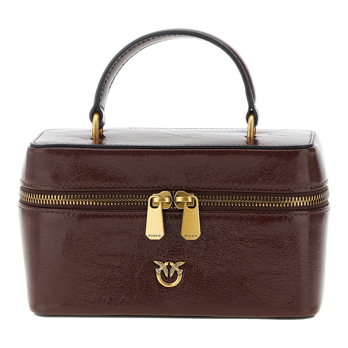Bolso crossbody XT & Co PINKO Vanity Soft en cuero burdeos brillante con logo Love Birds y herrajes dorados.