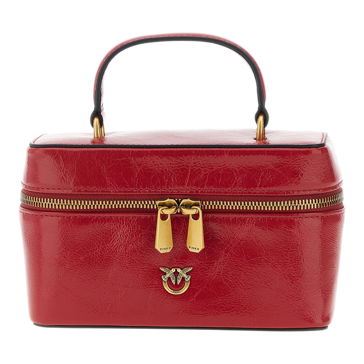 Bolso bandolera XT & Co PINKO Vanity Soft rojo de piel brillante con placa Love Birds dorada y asa superior