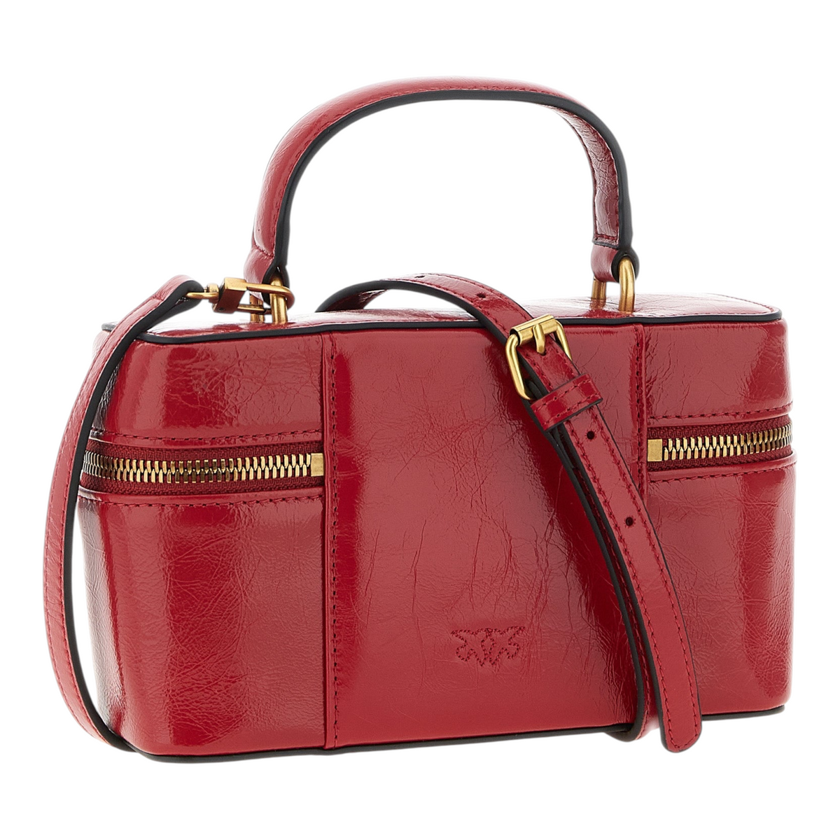 Bolso bandolera XT & Co PINKO Vanity Soft rojo de piel de becerro brillante con efecto craquelado y herrajes dorados.