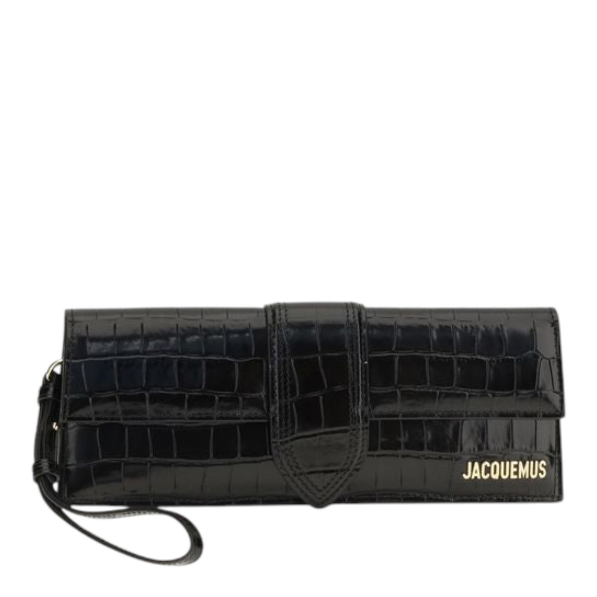 Bolso de mano Bambino XT & Co en piel negra con efecto cocodrilo, herrajes dorados y cierre de mosquetón grabado.