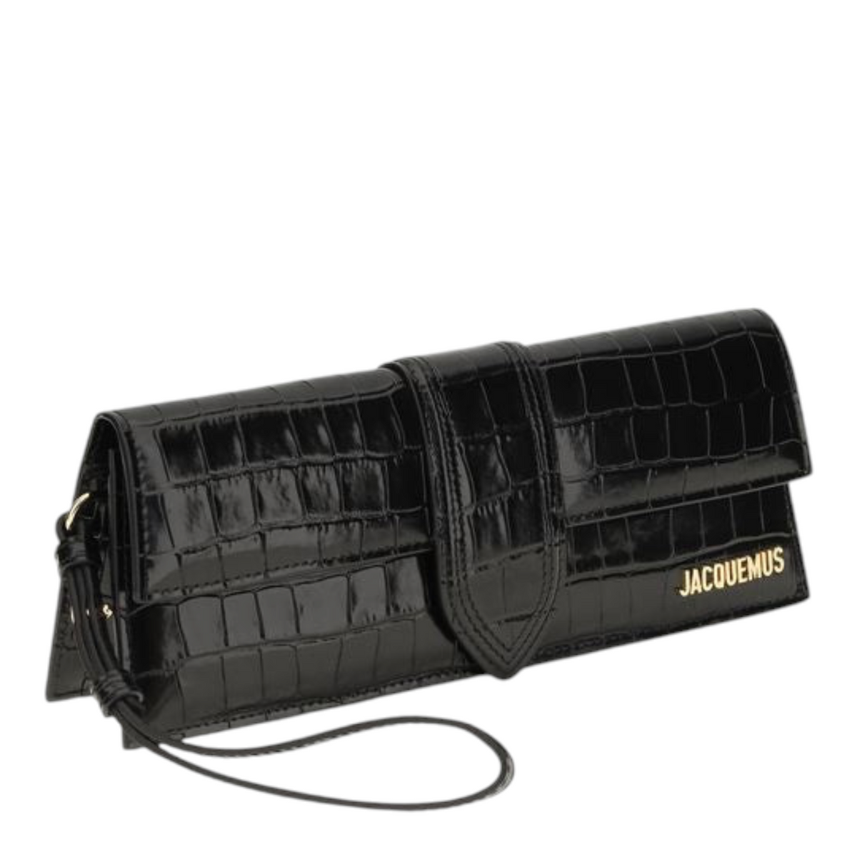 Bolso de mano Bambino de XT & Co en piel negra con efecto cocodrilo, herrajes dorados y cierre de mosquetón.