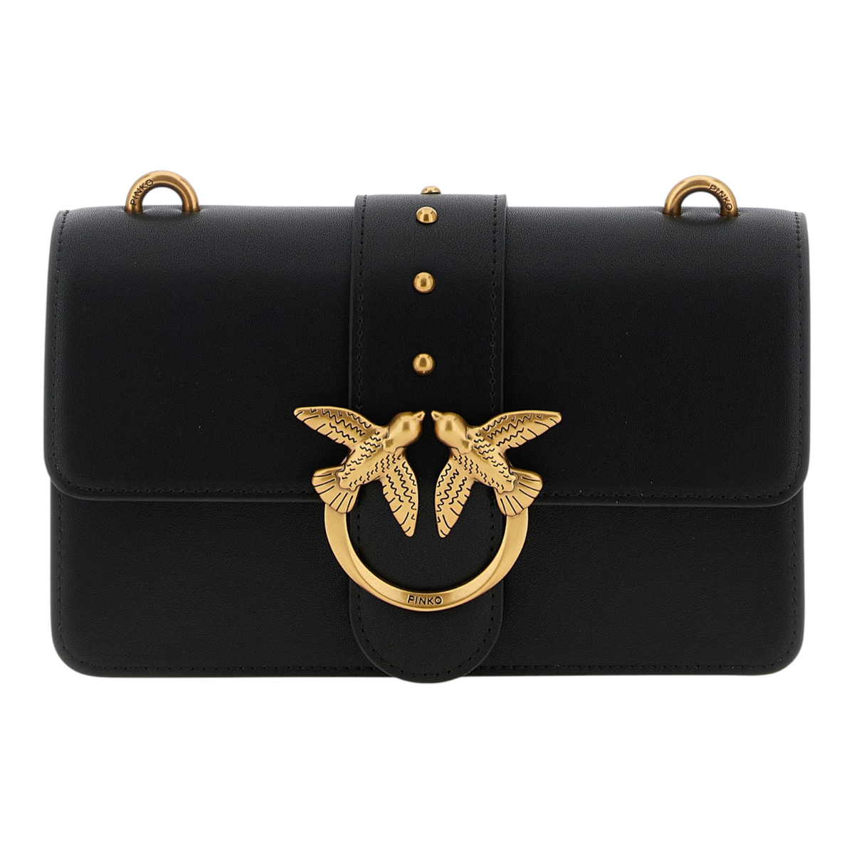 Bolso bandolera negro Love One Mini de XT & Co en piel con hebilla metálica dorada Love Birds y detalles de tachuelas