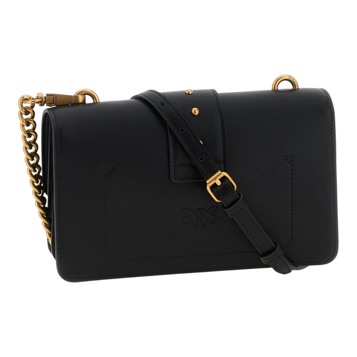 Bolso bandolera XT & Co PINKO Love One Mini en piel negra con detalles de tachuelas y correa de cadena dorada.