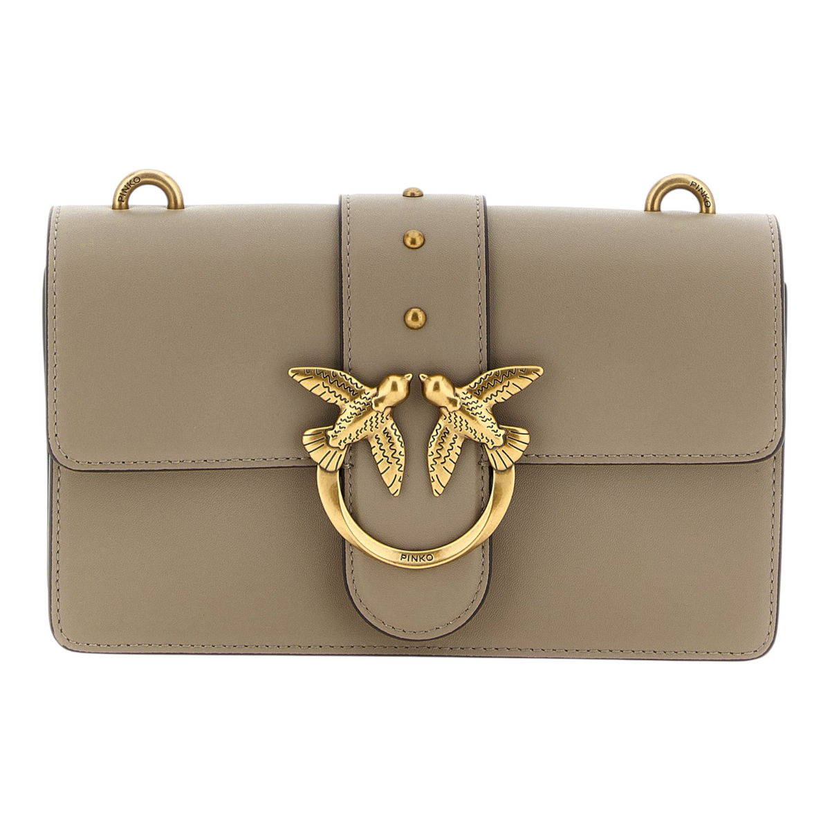 Bolso bandolera XT & Co PINKO Love One gris en piel de becerro con hebilla Love Birds dorada y detalles metálicos