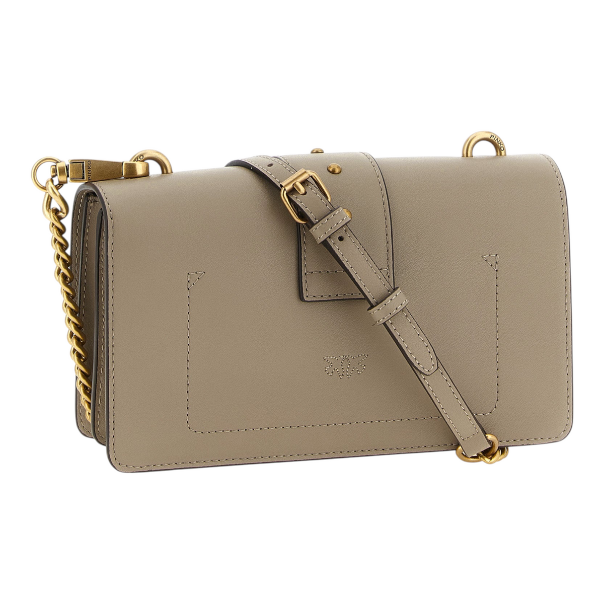 Bolso bandolera XT & Co PINKO Love One en piel de becerro gris con correa de cadena y detalles en oro antiguo