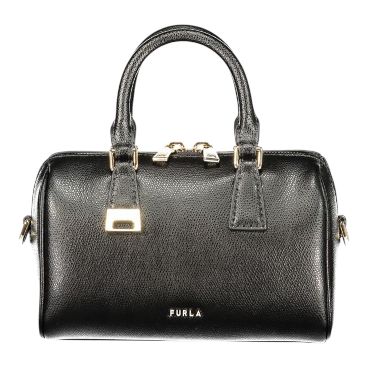 Bolso Boston mini Furla Olivia en cuero negro con detalles dorados y logo de la marca XT & Co