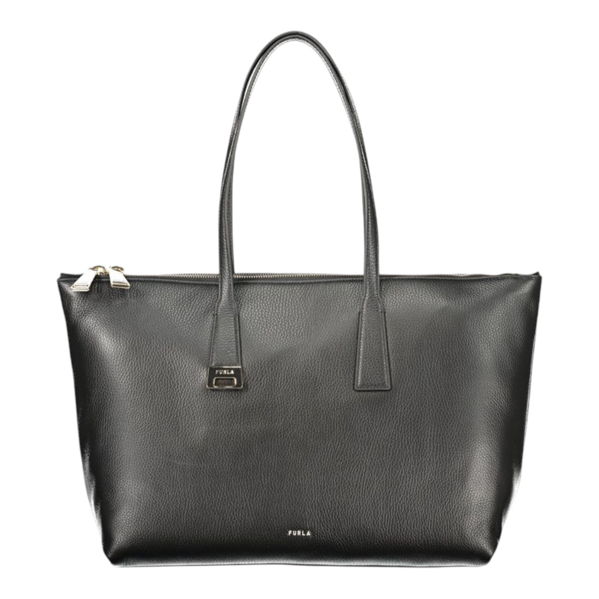 Bolso tote Furla Olivia L en cuero negro con cierre de cremallera y logo de XT & Co