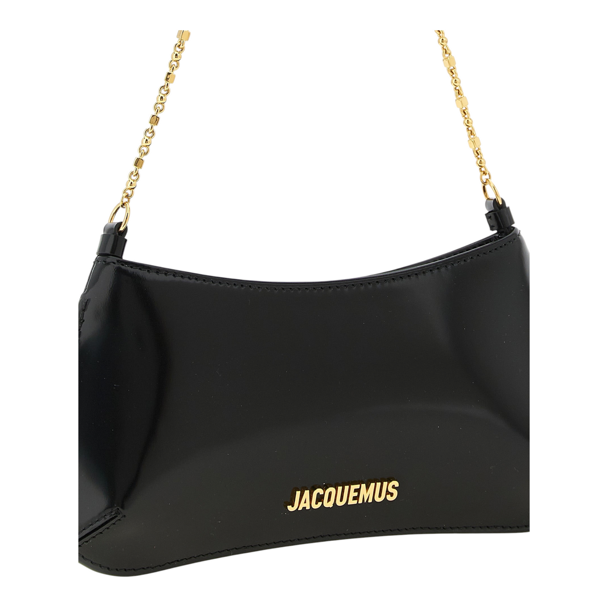 Bolso de hombro XT & Co Le Petit Bisou Chaîne en piel negra brillante con cadena y logotipo metálico dorado