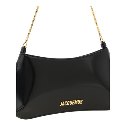 Bolso de hombro XT & Co Le Petit Bisou Chaîne en piel negra brillante con cadena y logotipo metálico dorado