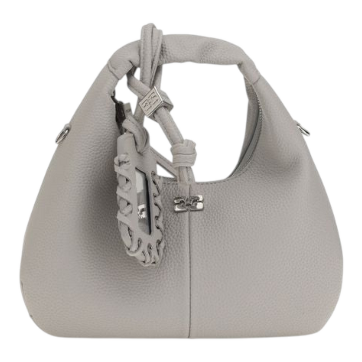 Bolso hobo mini gris de XT & Co con textura granulada, asa superior, logo de mariposa y detalles metálicos grabados.