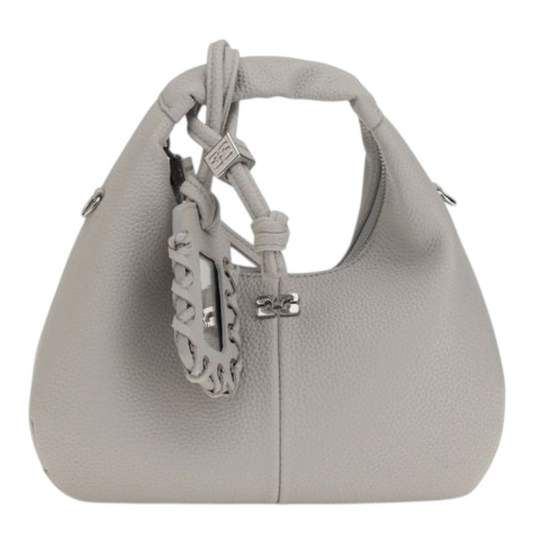 Bolso hobo mini gris de XT & Co con textura granulada, asa superior, detalle de mariposa y colgante de espejo.