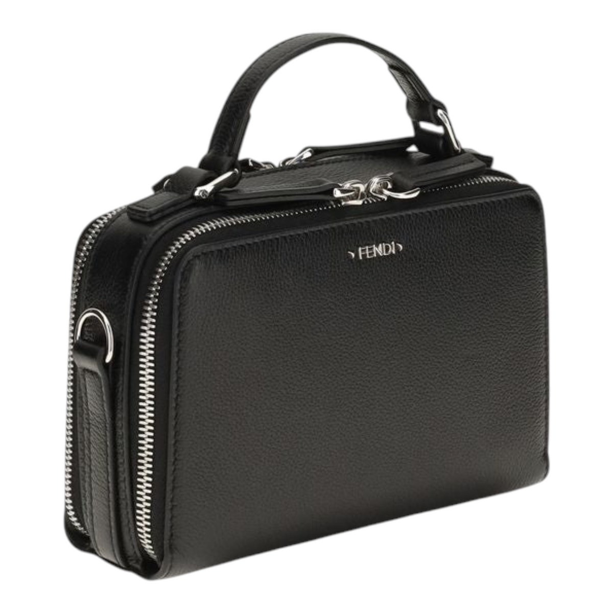Bolso porta móvil XT & Co Fendi de piel de becerro negra granulada con cremallera doble y detalles metálicos Cuneo
