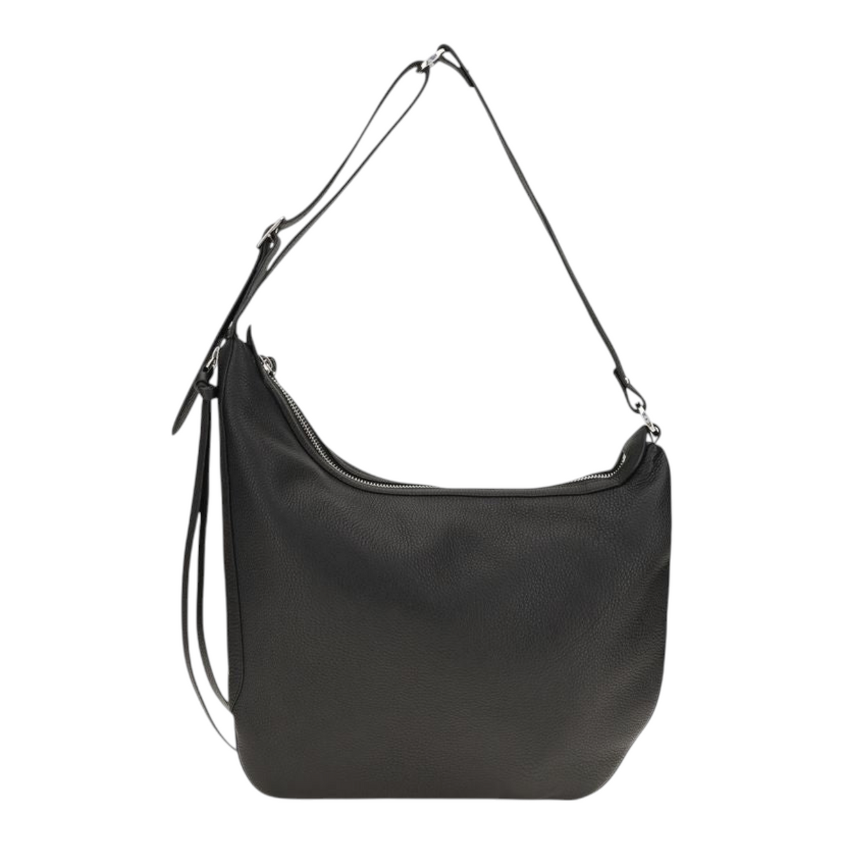 Bolso de hombro grande Oyster de XT & Co en piel granulada negra con forma de media luna y cremalleras largas.